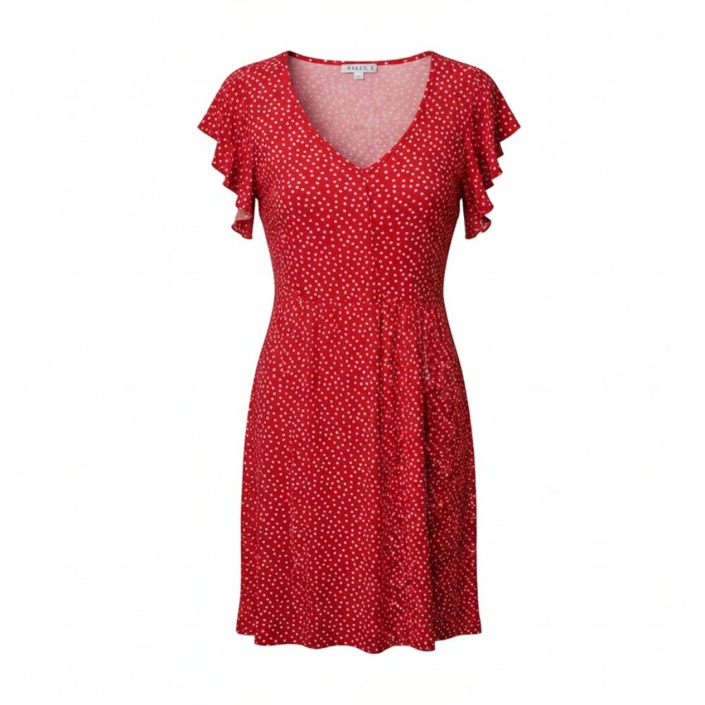 Red Polka Dot Dress Flutter Sleeve Mini L XL Summer Picnic Date Dress